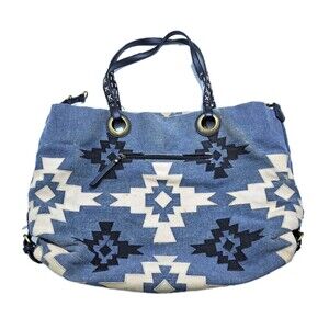 Lucky Brand Aztec Linen Canvas Blue Patchwork Boho Denim Southwest Tote Bag